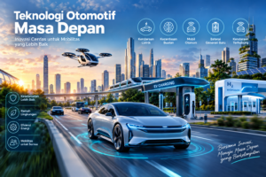 Teknologi Otomotif Masa Depan dengan mobil listrik, kendaraan otonom, dan inovasi transportasi cerdas.